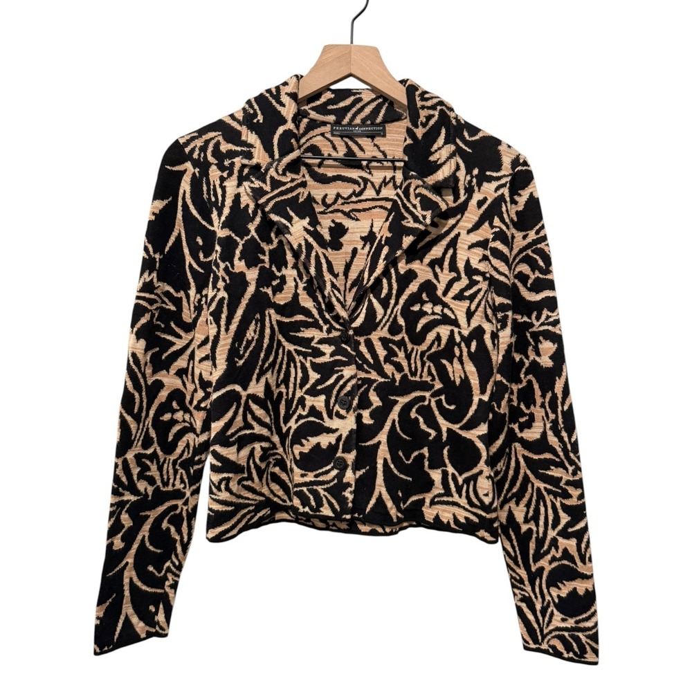 Peruvian Connection Knit Blazer Jacket Women Sz S Pima Tapestry Brown Black - Picture 2 of 7
